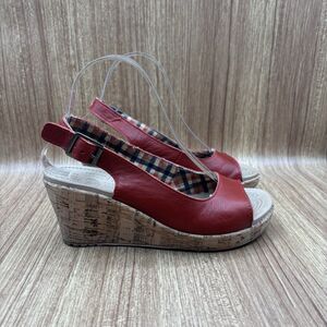 Crocs A-Leigh Wedge Sz 7 Rustic Red Leather Cork Heel Slingback Open Toe Sandal